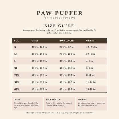 Paw Puffer size guide S to 4XL with chest, back length and weight