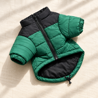 Paw Puffer jacket flat lay showing quilting, collar and front zip