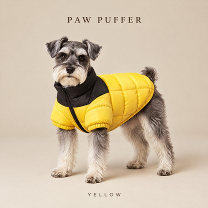 Paw Puffer dog puffer jacket in Yellow on a Miniature Schnauzer