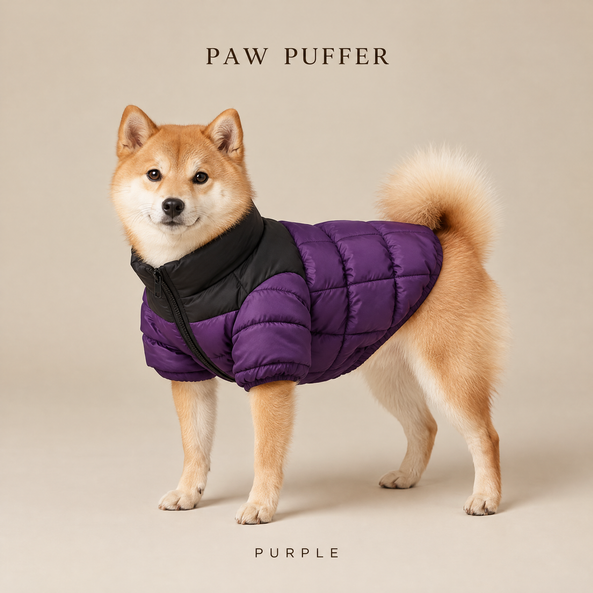 Paw Puffer dog puffer jacket in Purple on a Shiba Inu
