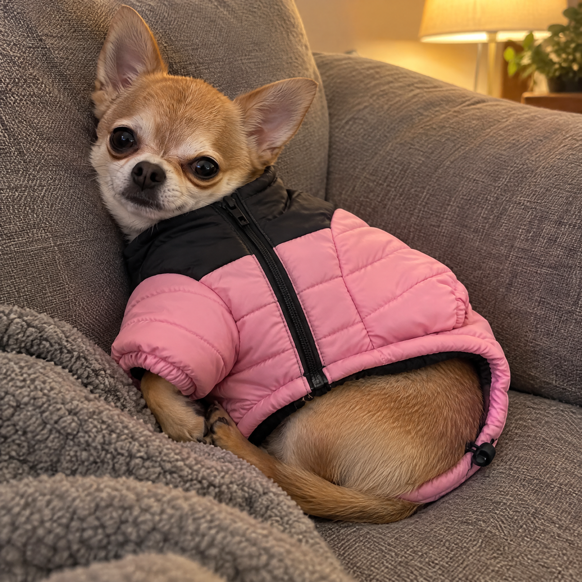 Customer photo: Chihuahua in Pink Paw Puffer on the couch