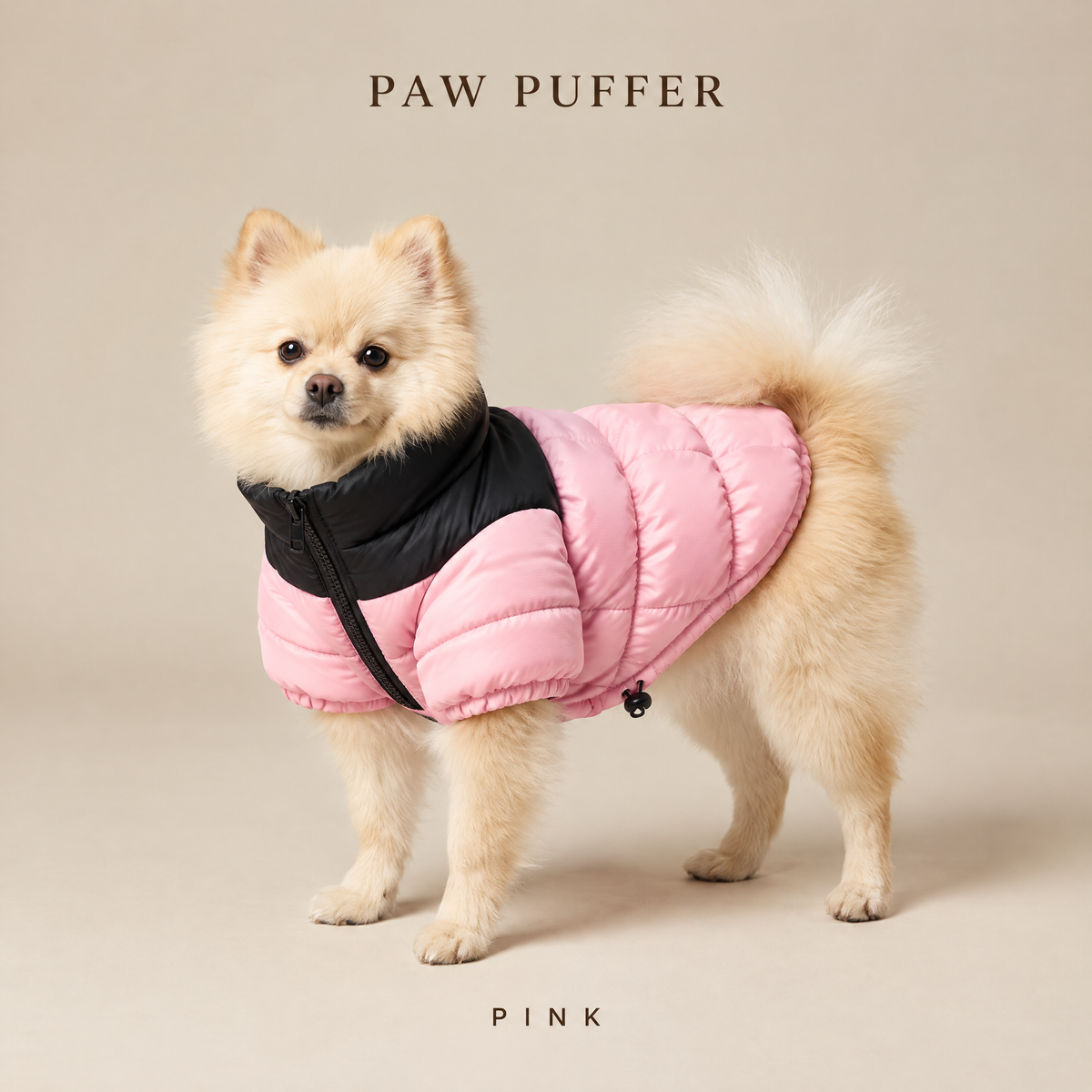 Paw Puffer dog puffer jacket in Pink on a Pomeranian