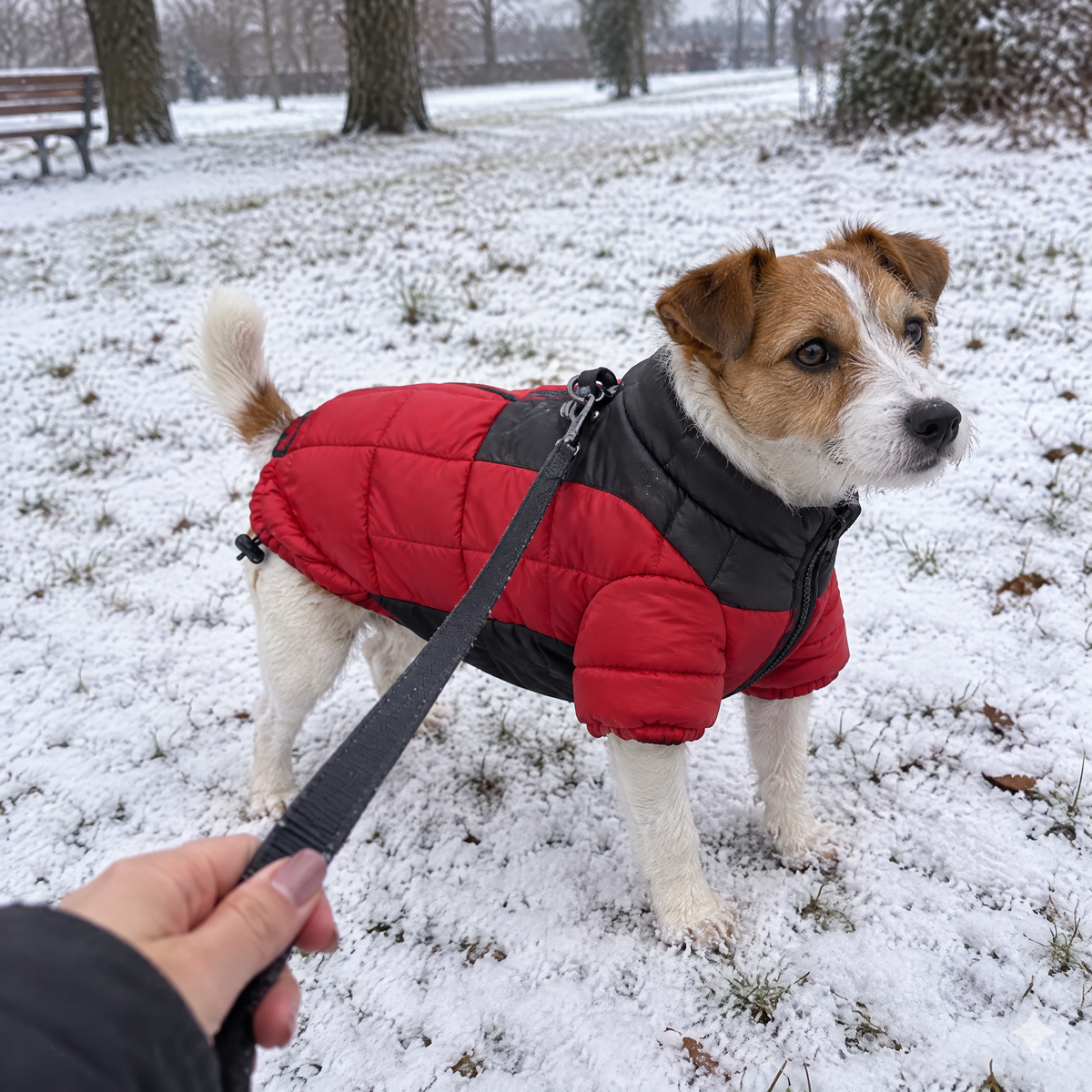Customer photo: Jack Russell in Red Paw Puffer in the snow