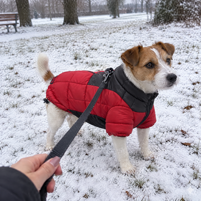 Customer photo: Jack Russell in Red Paw Puffer in the snow