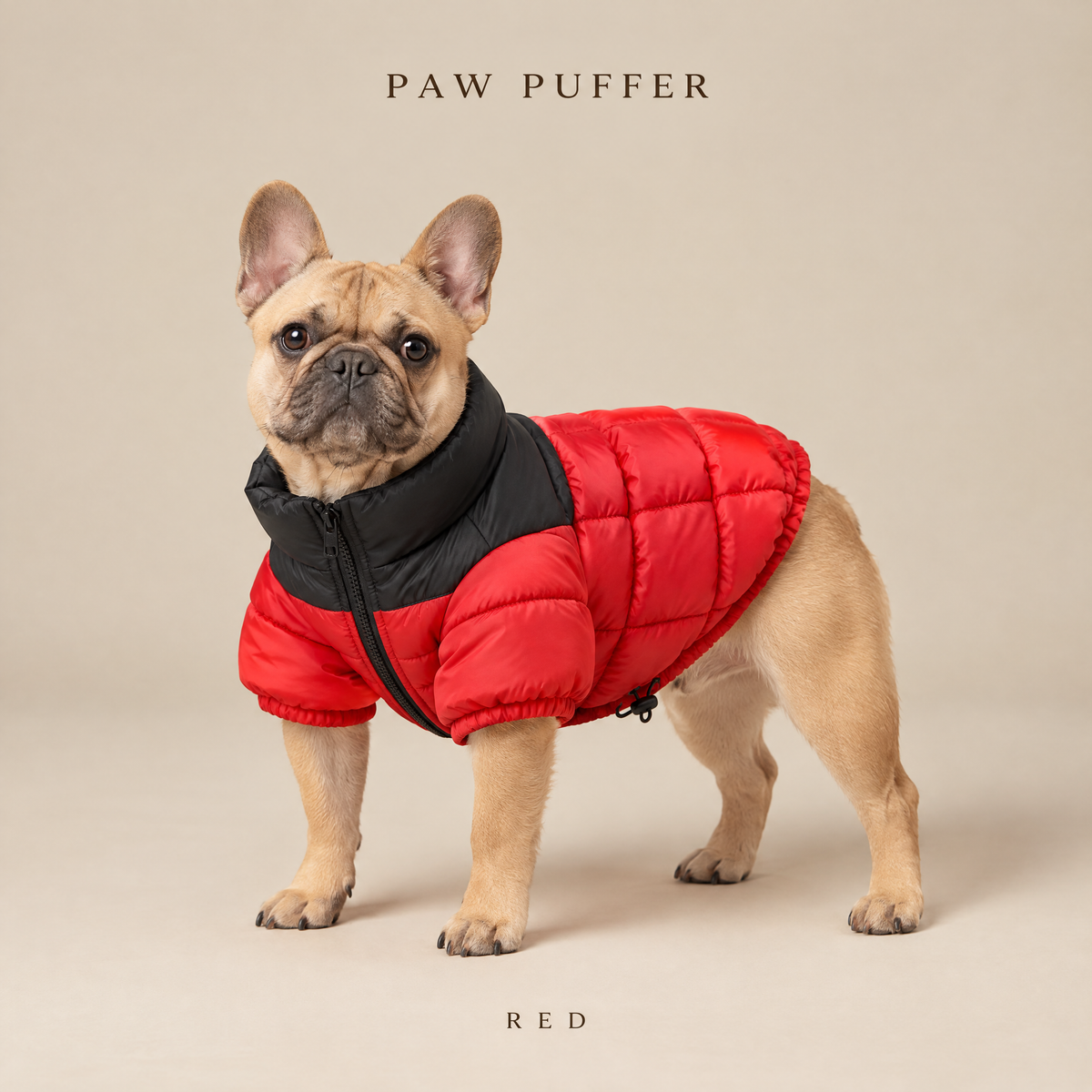 Paw Puffer dog puffer jacket in Red on a French Bulldog